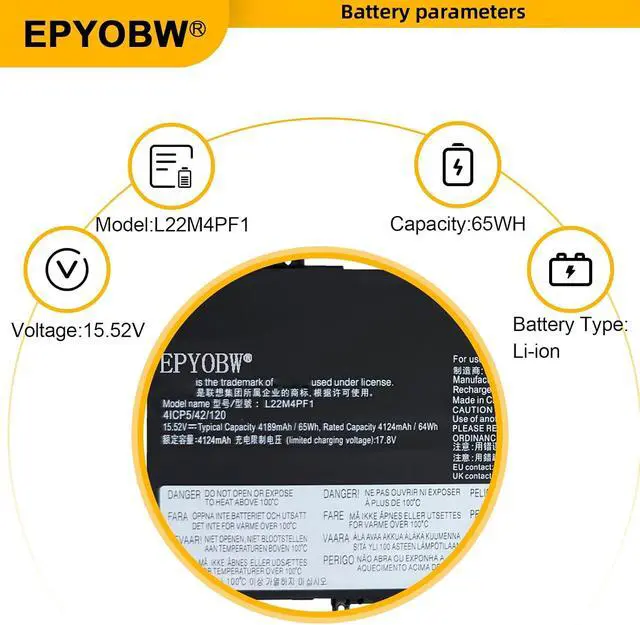 Alt view image 3 of 6 - L22M4PF1 Laptop Battery 65Wh 4189mAh 4-Cell 15.52V Compatible with Lenovo Yoga Slim 6-14IAP8 6-14IRP8 6-14APU8 6-14IRH8 7-14IMH9 / Slim 7-14IRP8 7-14IMH9 Series L22D4PF1 L22C4PF0 L22C4PF1