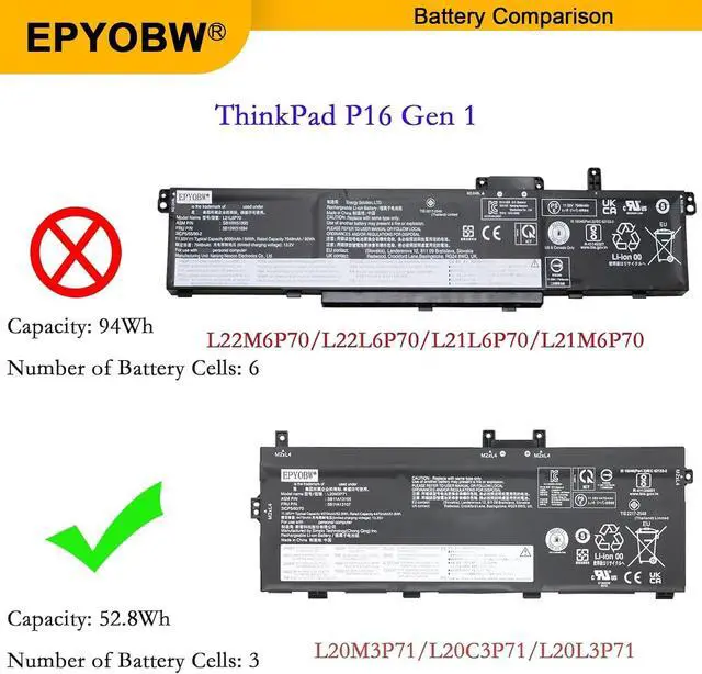 Alt view image 3 of 6 - L20M3P71 Laptop Battery 52.9Wh 4570mAh 11.58V Compatible with Lenovo ThinkPad X13 Yoga Gen 2/3 / ThinkPad P16 Gen 1 Series SB11A13105 5B11A13107 L20L3P71 L20C3P71