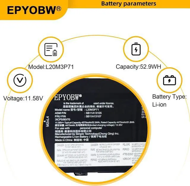Alt view image 4 of 6 - L20M3P71 Laptop Battery 52.9Wh 4570mAh 11.58V Compatible with Lenovo ThinkPad X13 Yoga Gen 2/3 / ThinkPad P16 Gen 1 Series SB11A13105 5B11A13107 L20L3P71 L20C3P71