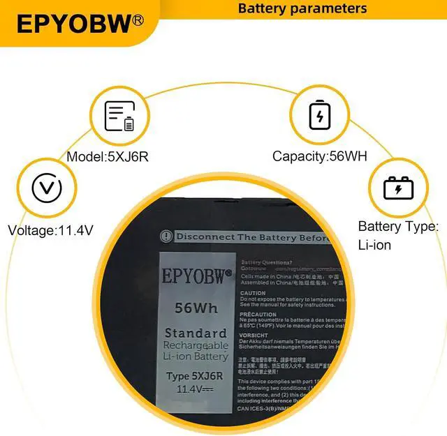 Alt view image 3 of 6 - 5XJ6R Laptop Battery 56Wh 4667mAh XG4K6 03324J 01RR3 001RR3 F8CPG