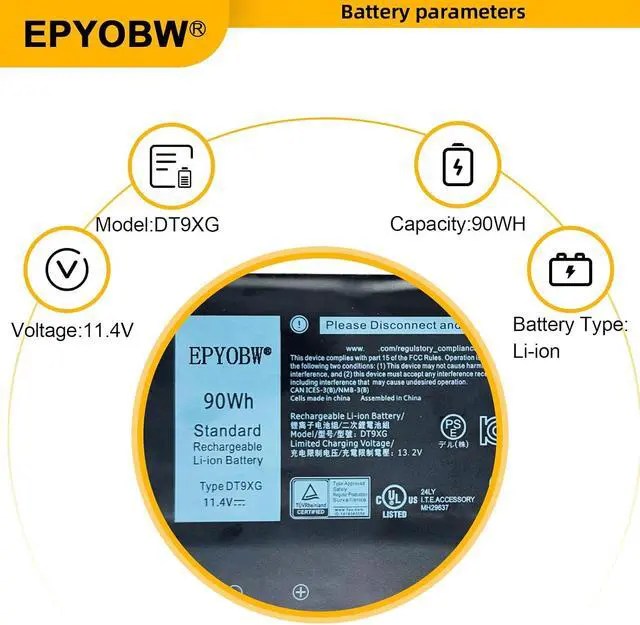 Alt view image 3 of 6 - DT9XG Laptop Battery 90Wh 7500mAh 6-Cell Compatible with Dell Alienware Area-51m R1 / Alienware Area-51m R2 / Alienware ALWA51M Series 07PWKV 0KJYFY