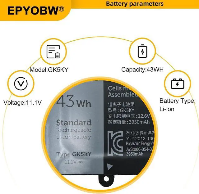 Alt view image 3 of 6 - GK5KY Laptop Battery 43Wh 04K8YH 92NCT 092NCT 4K8YH P20T RHN1C