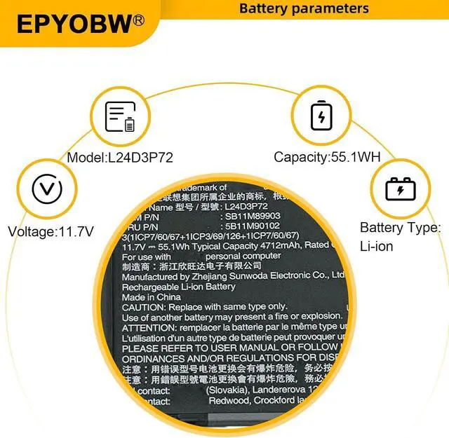 Alt view image 3 of 6 - L24D3P72 Laptop Battery 55.1Wh SB11M89902 5B11M90101 L24B3P71