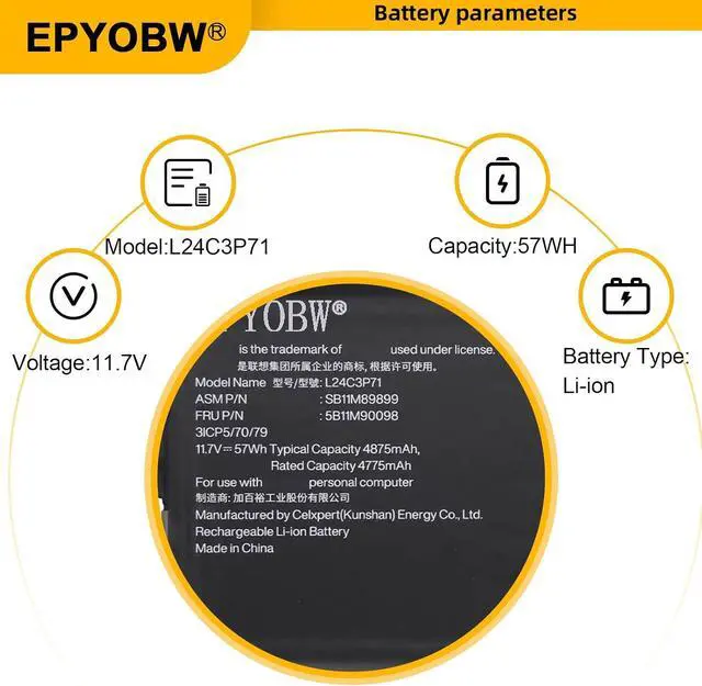 Alt view image 3 of 7 - L24C3P71 Laptop Battery 57Wh L24B3P70 L24M3P70 L24D3P71