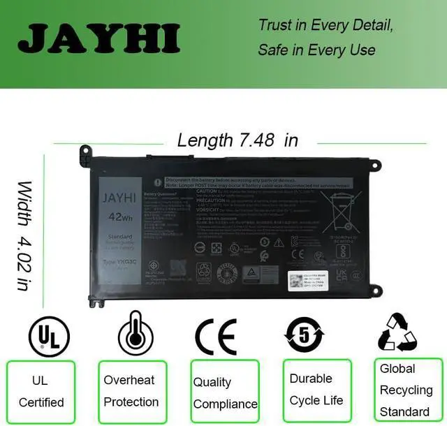 Alt view image 5 of 7 - JAYHI YKG3C 42Wh 3500mAh Laptop Battery 0X0Y5M X0Y5M 0RF9H3 RF9H3 11.4V
