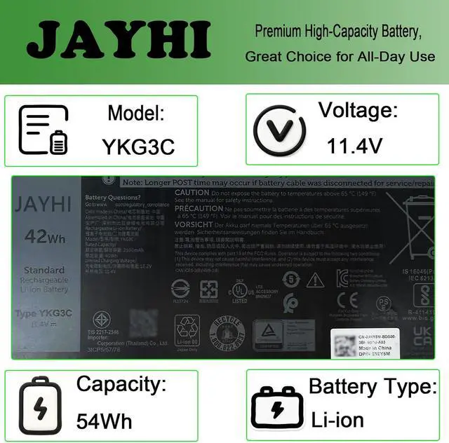 Alt view image 3 of 7 - JAYHI YKG3C 42Wh 3500mAh Laptop Battery 0X0Y5M X0Y5M 0RF9H3 RF9H3 11.4V