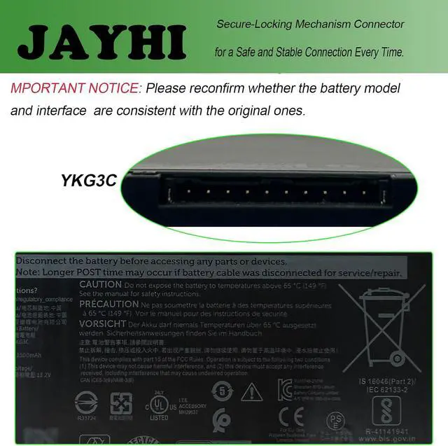 Alt view image 4 of 7 - JAYHI YKG3C 42Wh 3500mAh Laptop Battery 0X0Y5M X0Y5M 0RF9H3 RF9H3 11.4V