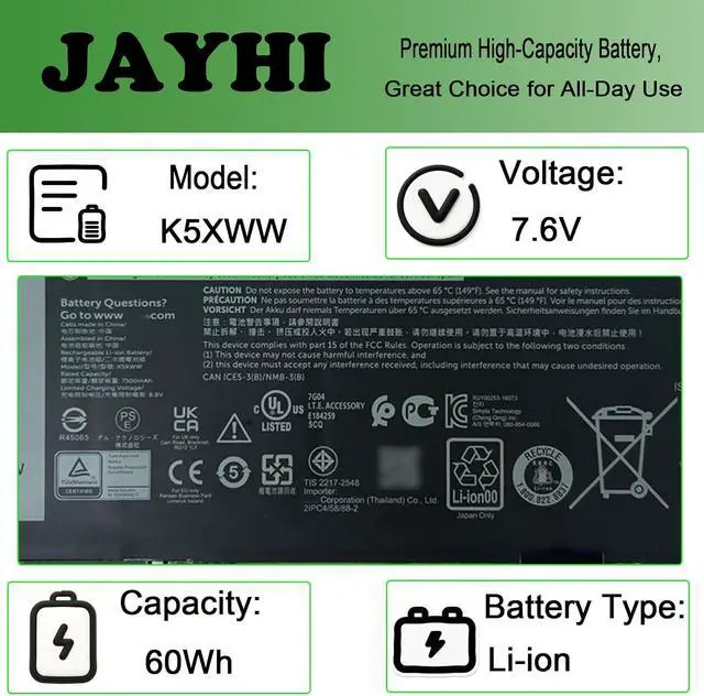 Alt view image 3 of 7 - JAYHI K5XWW Laptop 60Wh 7500mAh Battery 6CYH6 71TG4 725KY N18GG 7.6V