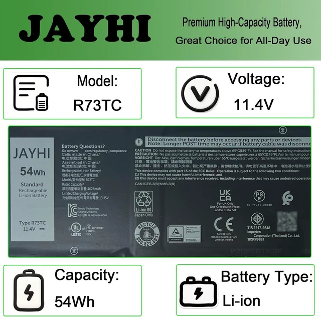 Alt view image 3 of 7 - JAYHI R73TC 54Wh 4623mAh Laptop Battery GRWKG GTG7N V042N 11.4V