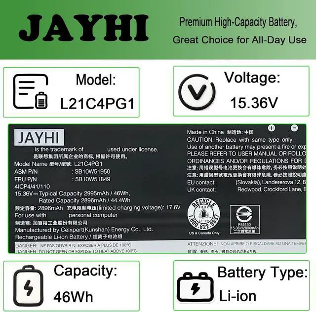 Alt view image 3 of 6 - JAYHI L21C4PG1 46Wh Laptop Battery L21L4PG1 L21D4PG1 L21M4PG1 15.36V