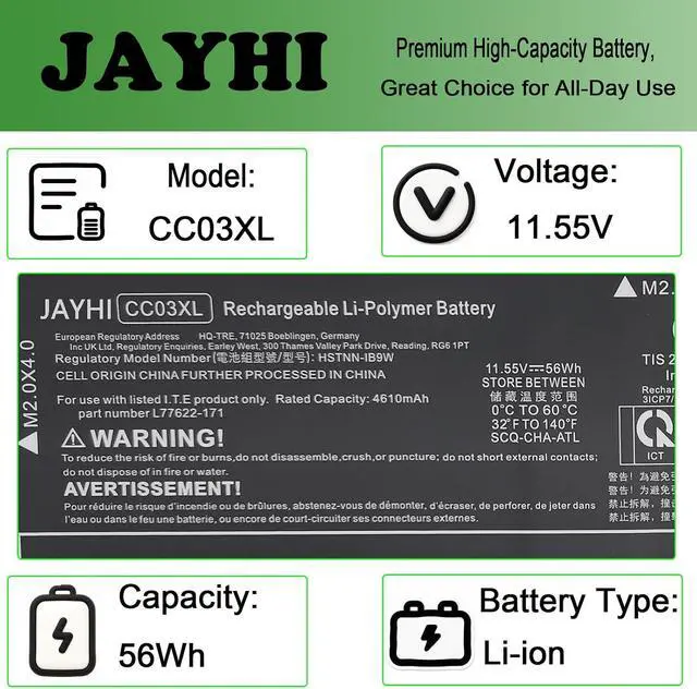 Alt view image 3 of 6 - JAYHI CC03XL 56Wh Laptop Battery HSTNN-IB9W L77622-171 HSTNN-UB8W 11.55V