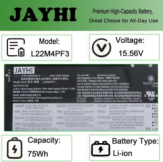 Alt view image 3 of 6 - JAYHI L22M4PF3 75Wh 4822mAh Laptop Battery SB11K24756 L22D4PF3 15.56V