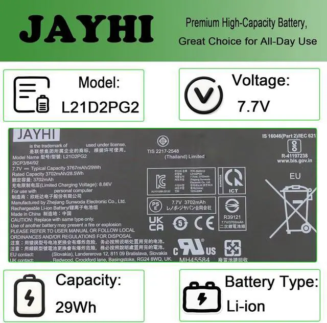 Alt view image 3 of 5 - JAYHI L21D2PG2 29Wh Laptop Battery SB11F38375 5B11F38377 2ICP3/84/92 7.7V