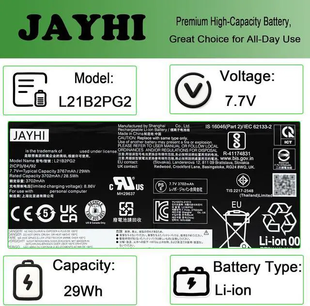 Alt view image 3 of 5 - JAYHI L21B2PG2 29Wh Laptop Battery SB11F38378 5B11F38376 2ICP3/84/92 7.7V