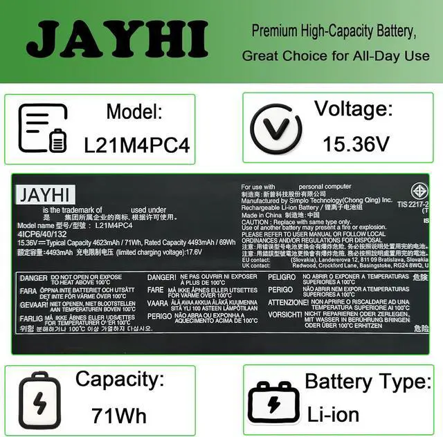 Alt view image 3 of 6 - JAYHI L21M4PC4 71Wh 4623mAh Laptop Battery L21L4PC1 15.36V 4-Cell