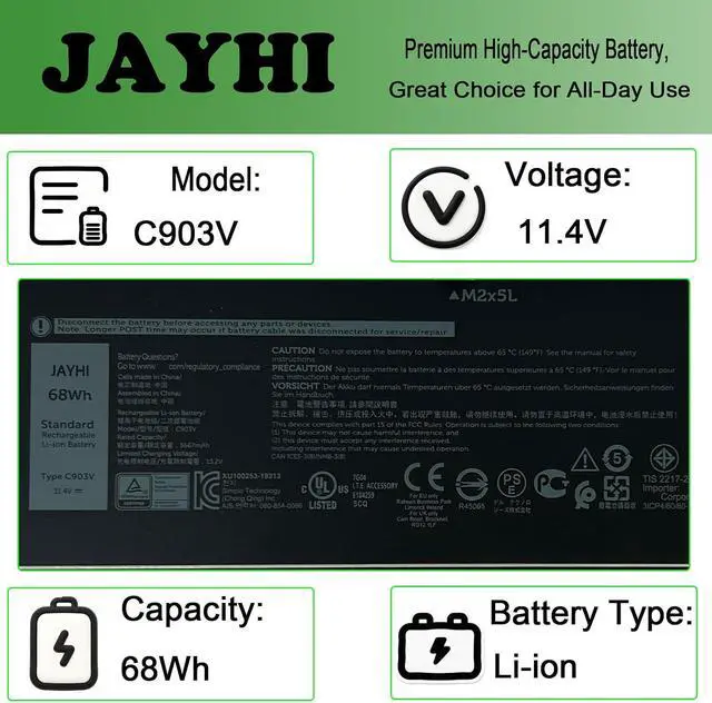 Alt view image 3 of 7 - JAYHI C903V 68Wh 5667mAh Laptop Battery PKWVM 17C06 068N03 11.4V 6-Cell