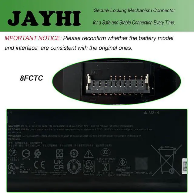 Alt view image 4 of 7 - JAYHI 8FCTC 56Wh 4650mAh Laptop Battery 69KF2 70N2F 11.4V 3-Cells