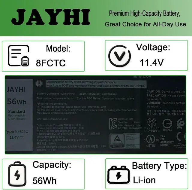 Alt view image 3 of 7 - JAYHI 8FCTC 56Wh 4650mAh Laptop Battery 69KF2 70N2F 11.4V 3-Cells