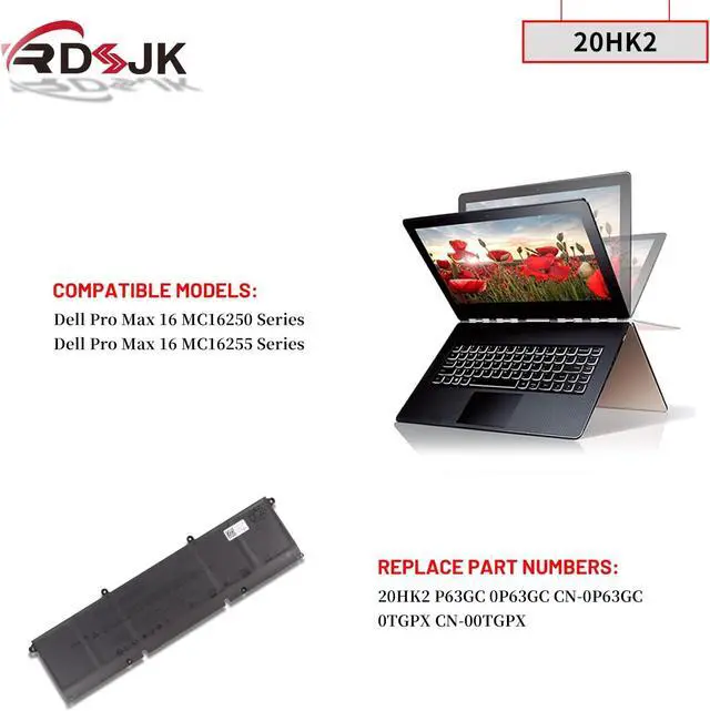Alt view image 3 of 7 - 20HK2 0TGPX P63GC Laptop Battery for Dell Pro Max 16 MC16250 MC16255 Series 0P63GC 15.6V 64Wh 4102mAh