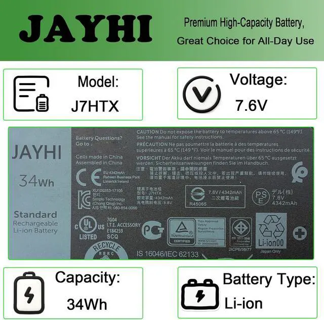 Alt view image 3 of 6 - JAYHI J7HTX 34Wh Laptop Battery 02JT7D 7XNTR FH8RW J82G5 451-BCDH 7.6V
