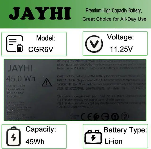 Alt view image 4 of 7 - JAYHI CGR6V 45Wh 4000mAh Laptop Battery 001W6F 02CVPR 01W31D 11.25V
