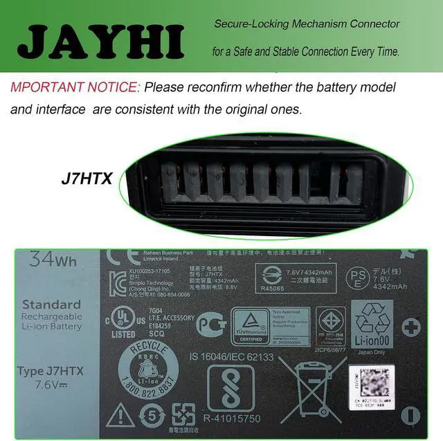 Alt view image 4 of 6 - JAYHI J7HTX 34Wh Laptop Battery 02JT7D 7XNTR FH8RW J82G5 451-BCDH 7.6V