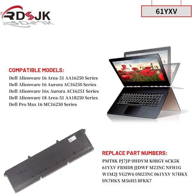 Alt view image 3 of 7 - 61YXV PMT8K Laptop Battery for Dell Alienware 16 Aurora AC16250 16X Aurora AC16251 Alienware 16 Area-51 AA16250 18inch Area-51 AA18250 Series PJ7JP 0HDVM K0RGY 6CK5K M23NC NFH1G W1M2J YG2W6 11.7V 96Wh