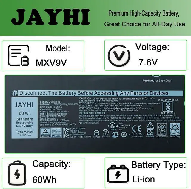 Alt view image 3 of 7 - JAYHI MXV9V 60Wh 7500mAh Laptop Battery 5VC2M 05VC2M 829MX 7.6V