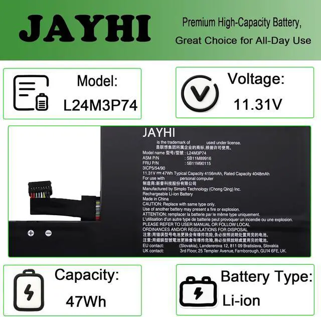 Alt view image 3 of 6 - JAYHI L24M3P74 47Wh 4156mAh Laptop Battery L24D3P77 L24C3P73 11.31V 3-Cell
