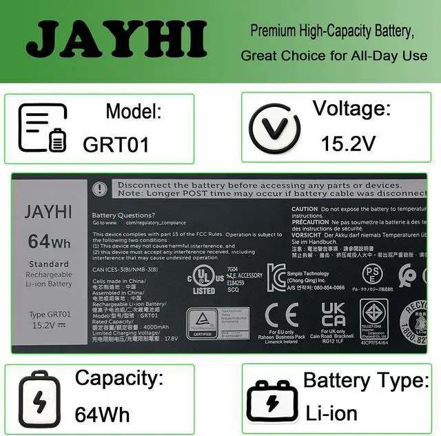Alt view image 3 of 6 - JAYHI GRT01 64Wh Laptop Battery 00P3TJ 0P3TJ 0R05P0 R05P0 05RGW 15.2V