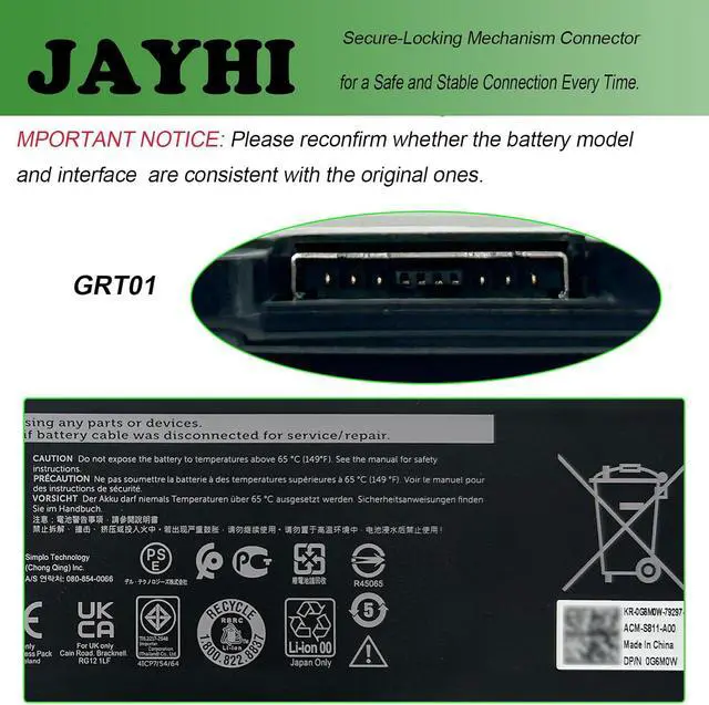 Alt view image 4 of 6 - JAYHI GRT01 64Wh Laptop Battery 00P3TJ 0P3TJ 0R05P0 R05P0 05RGW 15.2V