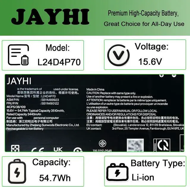 Alt view image 4 of 7 - JAYHI L24D4P70 54.7Wh 3510mAh Laptop Battery 5B11M90122 L24B4P70 15.6V