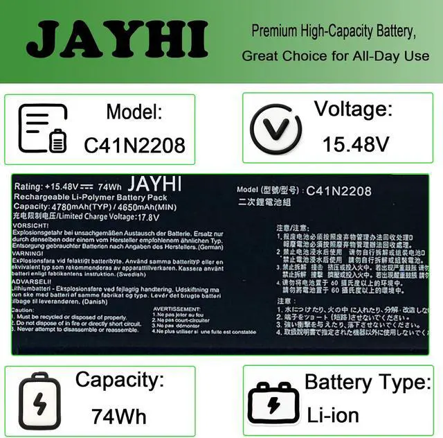 Alt view image 3 of 6 - JAYHI C41N2208 74Wh 4780mAh Laptop Battery C41N2208 4ICP5/42/79 15.48V