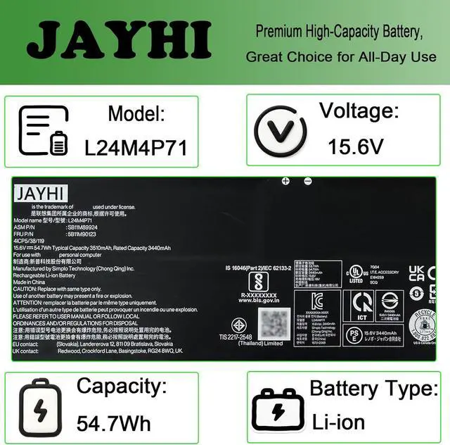 Alt view image 4 of 7 - JAYHI L24M4P71 54.7Wh 3510mAh Laptop Battery L24D4P70 L24B4P70 15.6V