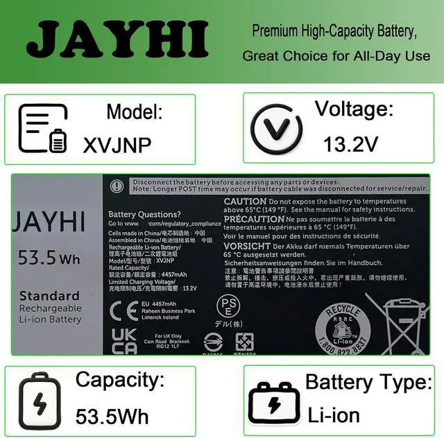 Alt view image 3 of 7 - JAYHI XVJNP 53.5Wh Laptop Battery 6JRCP 06JRCP M0TN3 0M0TN3 KD1CT 451-BCWQ