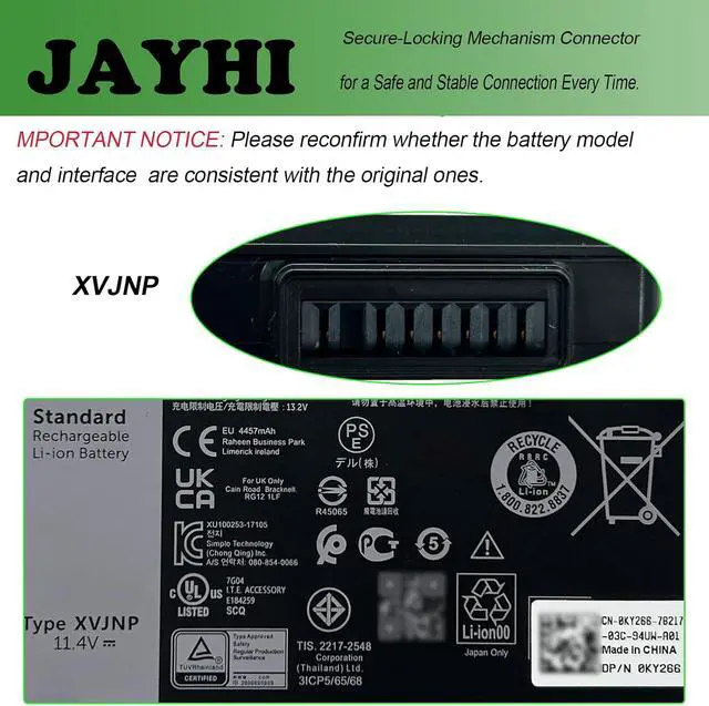 Alt view image 4 of 7 - JAYHI XVJNP 53.5Wh Laptop Battery 6JRCP 06JRCP M0TN3 0M0TN3 KD1CT 451-BCWQ