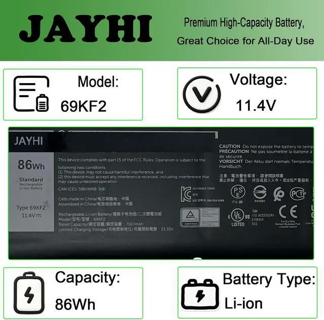 Alt view image 3 of 7 - JAYHI 69KF2 86Wh 7167mAh Laptop Battery 8FCTC 70N2F 11.4V 6-Cells