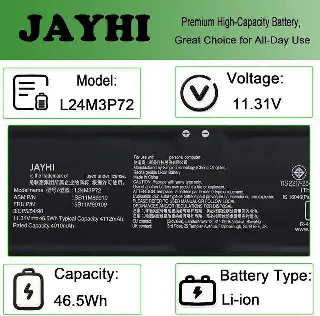 Alt view image 3 of 5 - JAYHI L24M3P72 46.5Wh 4112mAh Laptop Battery L24B3P72 L24D3P74 11.31V