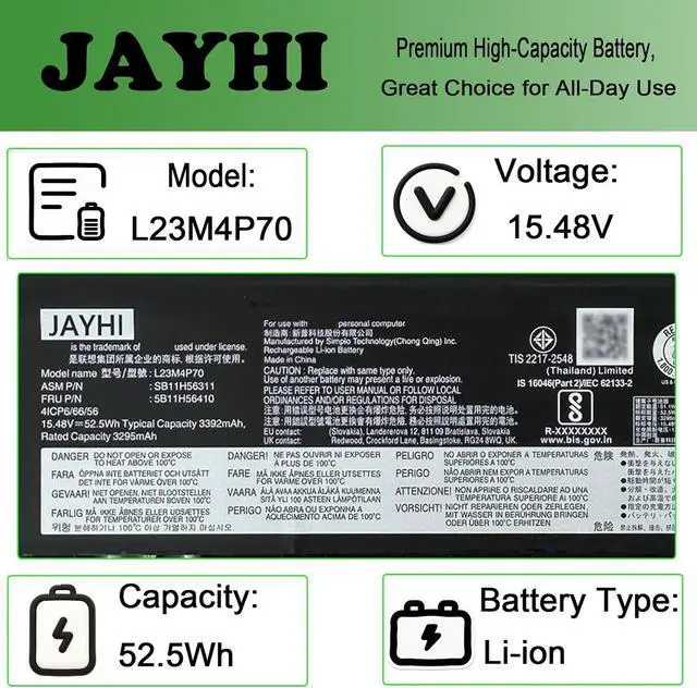 Alt view image 4 of 7 - JAYHI L23M4P70 L23M4P70 52.5Wh Laptop Battery SB11H56311 L23C4P71 15.48V