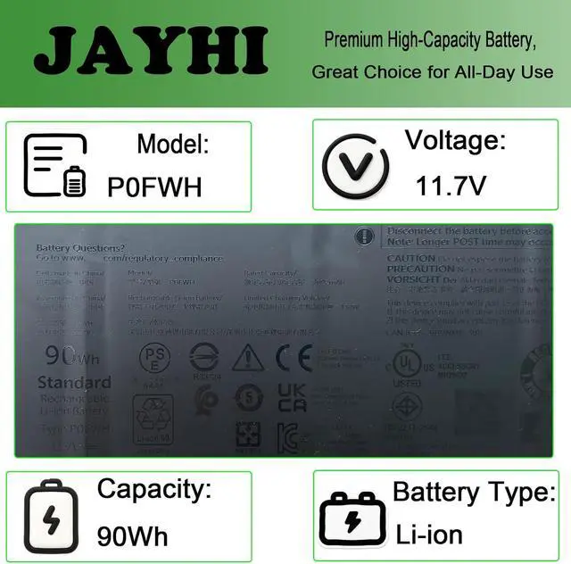 Alt view image 4 of 7 - JAYHI P0FWH P0FWH 90Wh 7692mAh Laptop Battery POFWH 11.7V 6-Cell