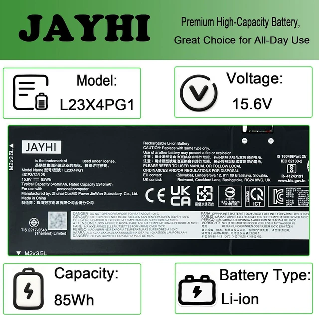 Alt view image 3 of 7 - JAYHI L23X4PG1 85Wh 5450mAh Laptop Battery L23X4PG1 L23M4PG1 15.6V
