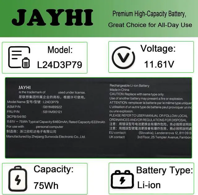 Alt view image 3 of 5 - JAYHI L24D3P79 75Wh 6460mAh Laptop Battery SB11M89922 5B11M90121 11.61V