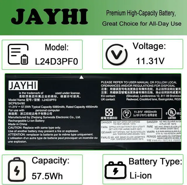 Alt view image 3 of 7 - JAYHI L24D3PF0 57.5Wh 5085mAh Laptop Battery L24B3PF0 L24M3PF0 11.31V