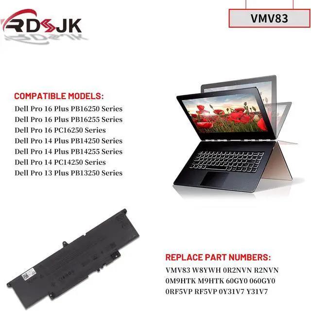 Alt view image 3 of 7 - 55Wh VMV83 W8YWH Laptop Battery for Dell Pro 13 Plus PB13250 / 14 Plus PB14250 PB14255 PC14250 / 16 Plus PB16250 PB16255 PC16250 Series 0R2NVN R2NVN 0M9HTK M9HTK 60GY0 060GY0 0RF5VP RF5VP 0Y31V7 Y31V7