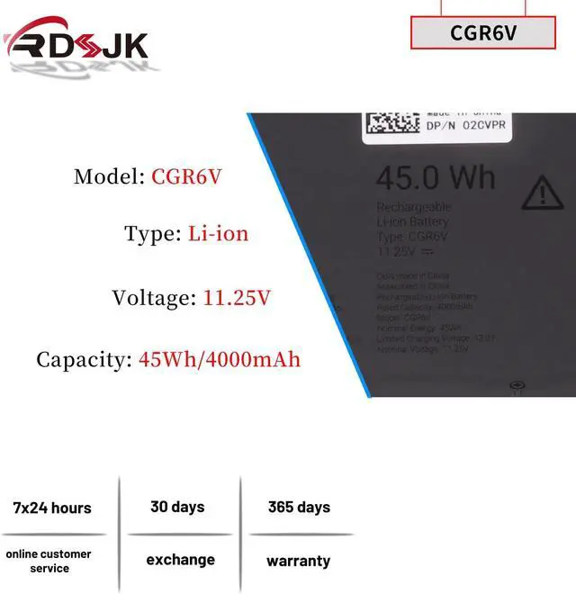 Alt view image 2 of 7 - 45Wh CGR6V 55JWC Laptop Battery for Dell Pro 16 Plus PB16250 PB16255 PC16250 / Pro 14 Plus PB14250 PB14255 PC14250 / Pro 13 Plus PB13250 Series 01W6F 2CVPR 01W31D 1W31D 4FC3J X95KV 0M9HTK 0RF5VP VMV83