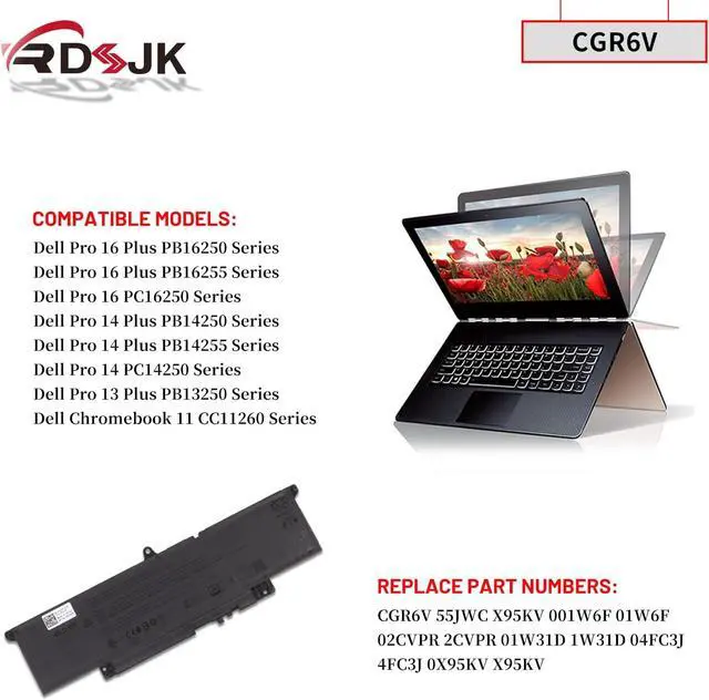Alt view image 3 of 7 - 45Wh CGR6V 55JWC Laptop Battery for Dell Pro 16 Plus PB16250 PB16255 PC16250 / Pro 14 Plus PB14250 PB14255 PC14250 / Pro 13 Plus PB13250 Series 01W6F 2CVPR 01W31D 1W31D 4FC3J X95KV 0M9HTK 0RF5VP VMV83
