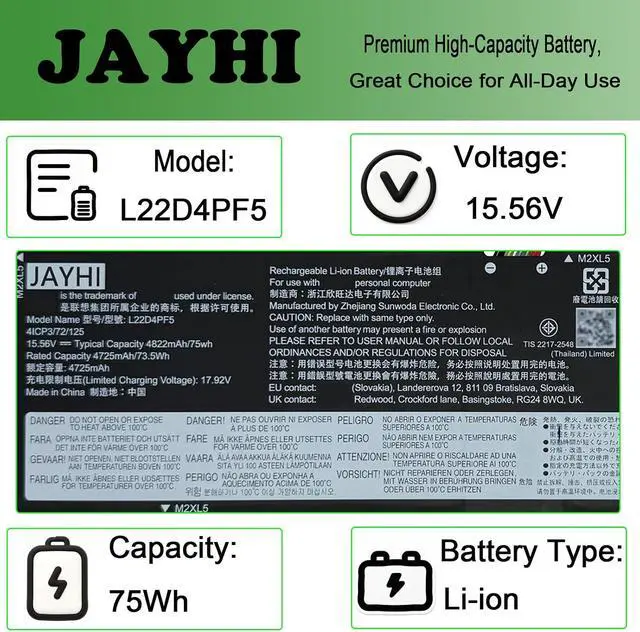 Alt view image 3 of 6 - JAYHI L22D4PF5 75Wh 4822mAh Laptop Battery L22B4PF5 L22X4PF5 15.56V
