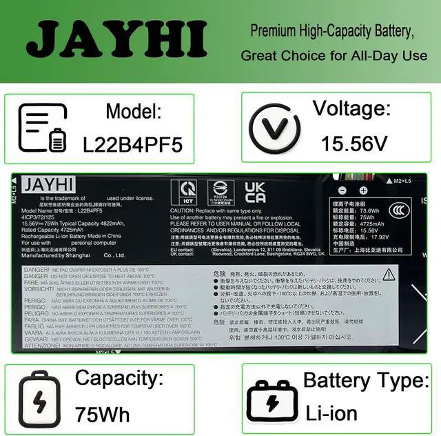 Alt view image 3 of 7 - JAYHI L22B4PF5 75Wh 4822mAh Laptop Battery SB11N45293 5B11N45301 15.56V