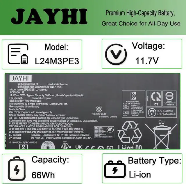 Alt view image 3 of 5 - JAYHI L24M3PE3 66WH Laptop Battery SB11Q71536 5B11Q71537 11.7V 3-Cell