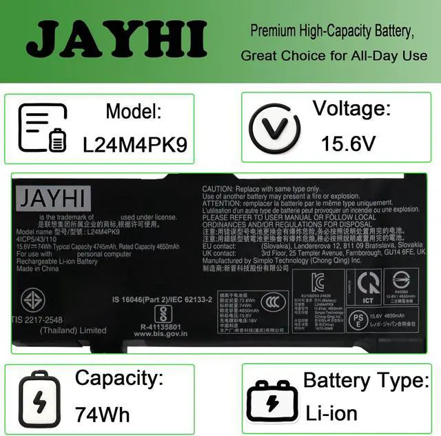 Alt view image 3 of 5 - JAYHI L24M4PK9 74Wh Laptop Battery SB11R07660 5B11R07661 L24N4PK4 15.6V